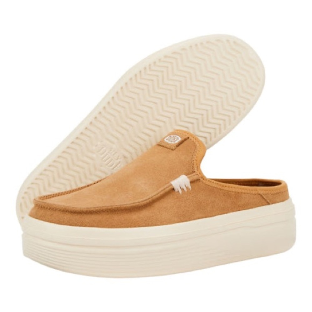 Hey Dude Tan and White Mules with Platform Sole